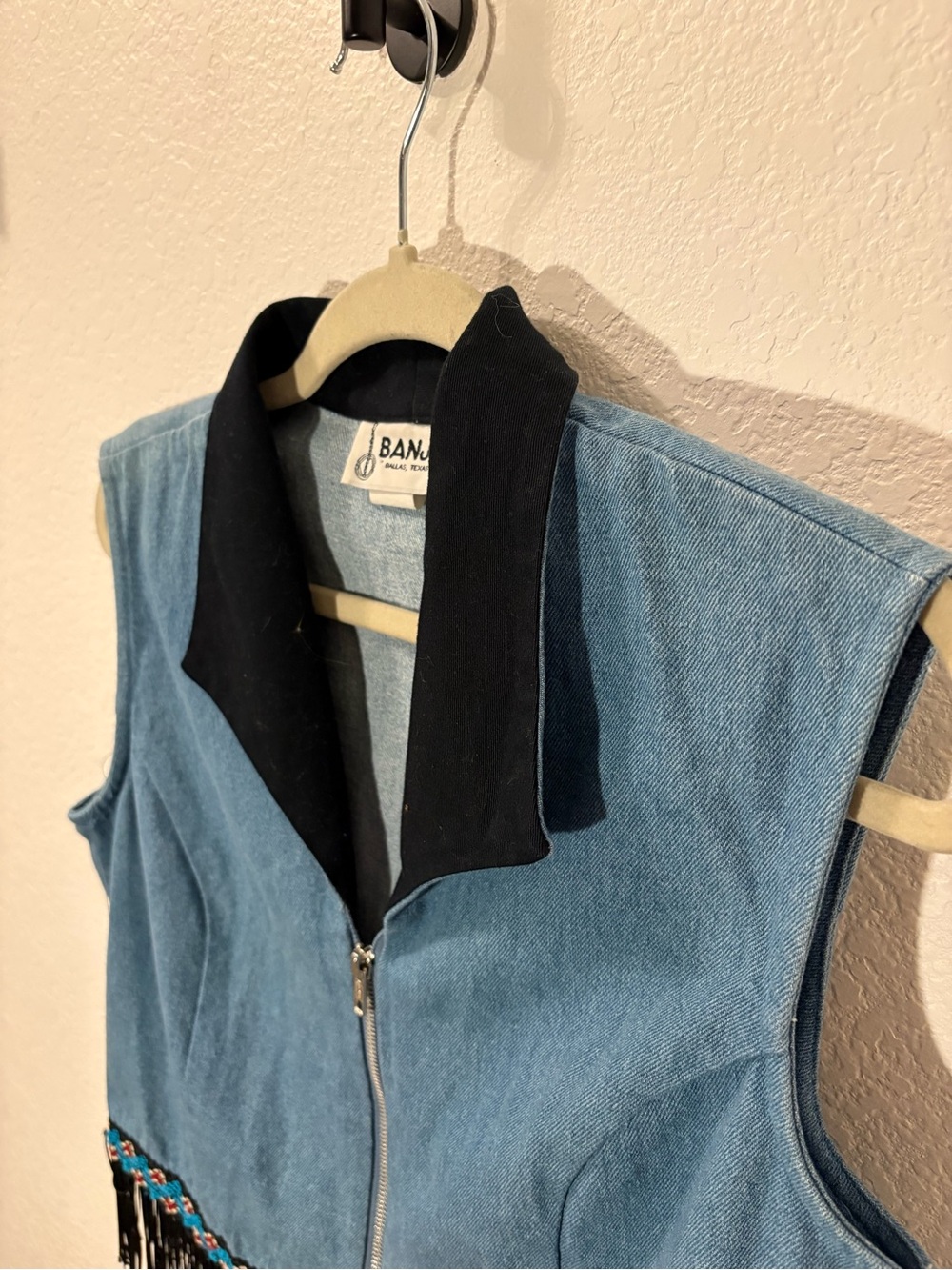 Vintage Blue Denim Fringe Zip-Front Vest - Picture 3 of 5